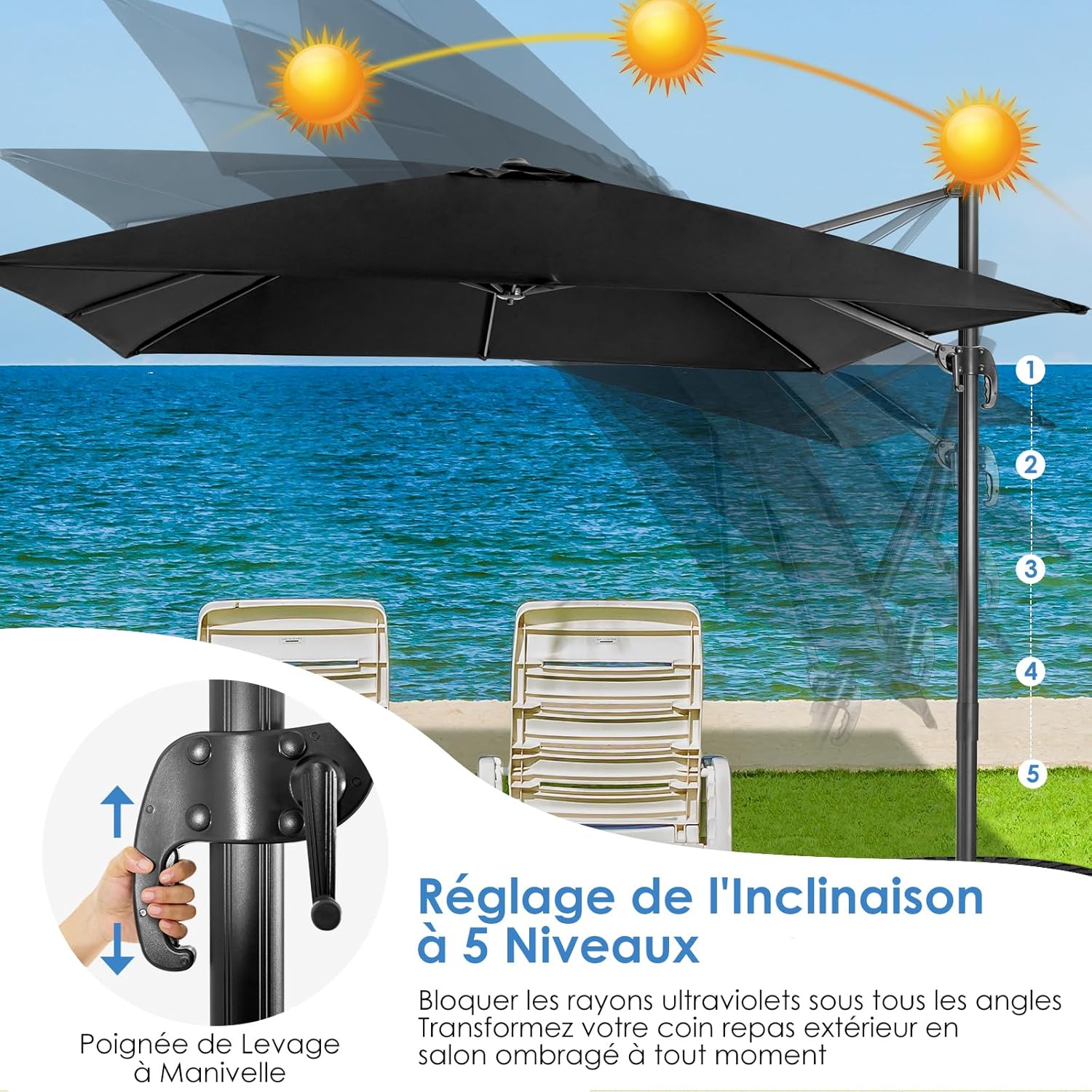 Parasol Déporté Rectangulaire 3x3M, Parasol de Jardin Exterieur Inclinable et Rotative 360° par Pédale en Polyester Anti-UV pour Plage Jardin Patio Café Bistro (Noir) 300x300x273cm Noir