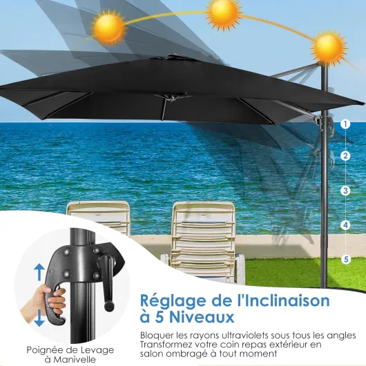 Parasol Déporté Rectangulaire 3x3M, Parasol de Jardin Exterieur Inclinable et Rotative 360° par Pédale en Polyester Anti-UV pour Plage Jardin Patio Café Bistro (Noir) 300x300x273cm Noir