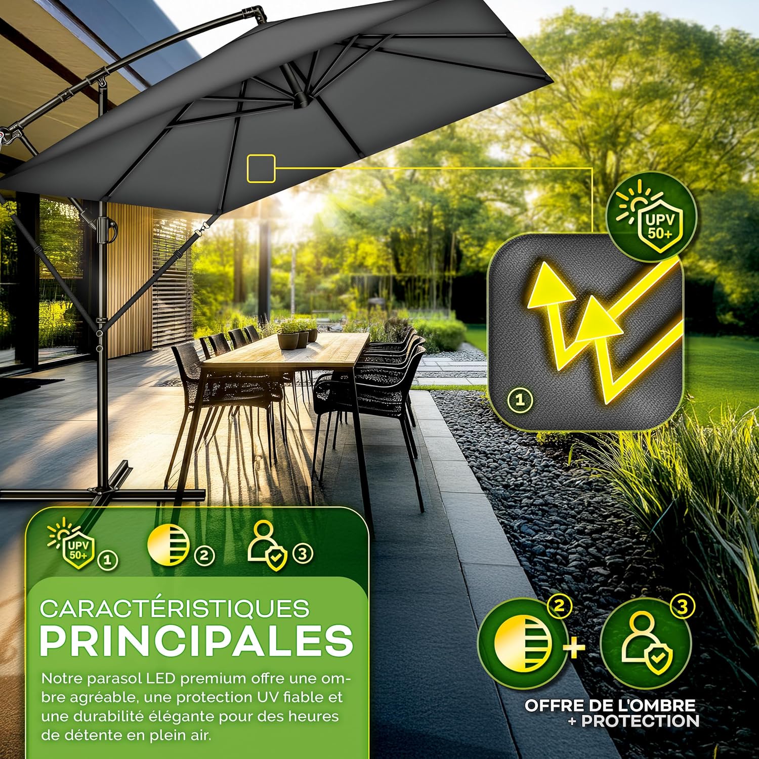 Tillvex® Parasol déporté Rectangulaire Ø 330 cm + Housse de Protection & contre le vent - Parasol à manivelle carré avec support - Parasol de jardin Extérieur Anti-UV en aluminium Anthracite - sans LED