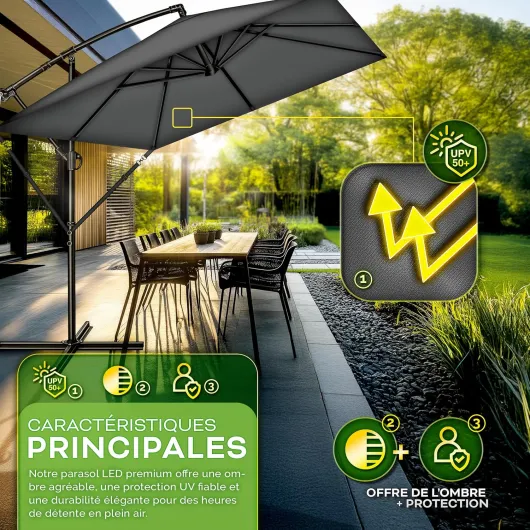 Tillvex® Parasol déporté Rectangulaire Ø 330 cm + Housse de Protection & contre le vent - Parasol à manivelle carré avec support - Parasol de jardin Extérieur Anti-UV en aluminium Anthracite - sans LED