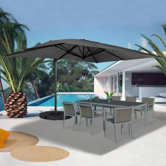 Parasol déporté inclinable Rotatif 360 Calvi Gris 3x4 M avec 4 Dalles et Housse