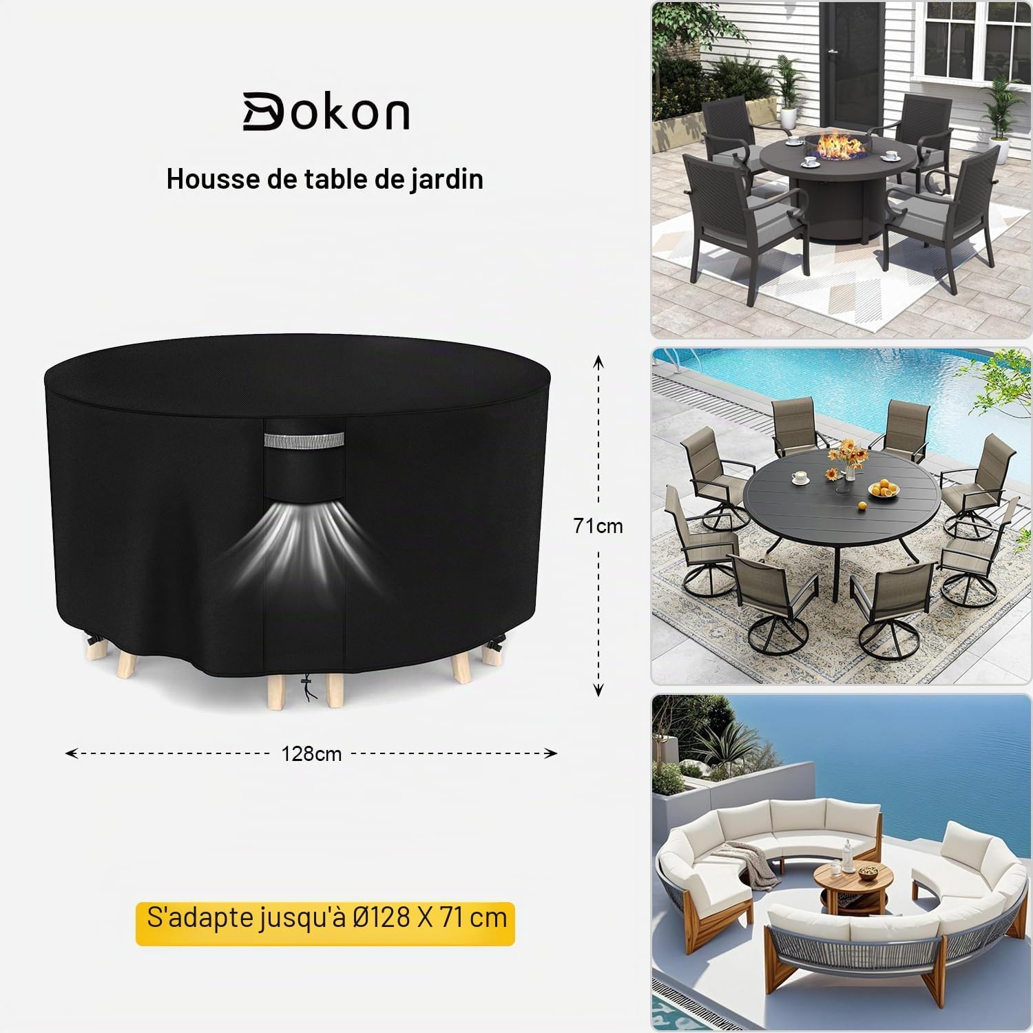 Housse Salon de Jardin Exterieur avec Aérations, Imperméable, Résistant au Vent, Anti-UV Tissu Oxford 420D Bache Meubles Housse de Protection Table de Jardin, Ronde (Ø128x71cm) - Noir Noir Ø128x71cm