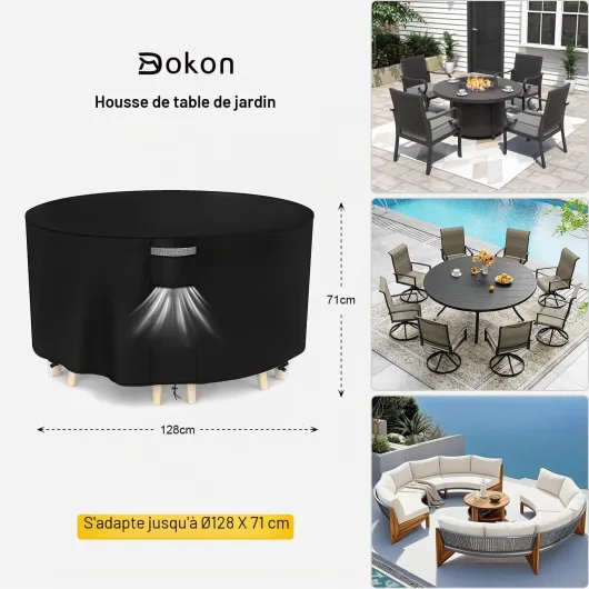 Housse Salon de Jardin Exterieur avec Aérations, Imperméable, Résistant au Vent, Anti-UV Tissu Oxford 420D Bache Meubles Housse de Protection Table de Jardin, Ronde (Ø128x71cm) - Noir Noir Ø128x71cm
