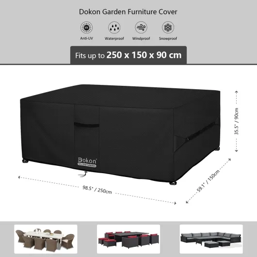 Housse Salon de Jardin Exterieur avec Aérations, Imperméable, Résistant au Vent, Anti-UV Tissu Oxford 420D Bache Meubles Housse de Protection Table de Jardin Rectangulaire (250x150x90cm) Noir Noir 250x150x90cm