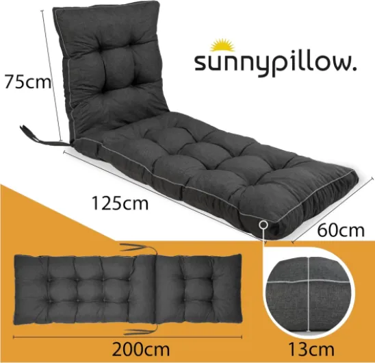 Sunnypillow Cousisn Chaise Longue pour Jardin Extra épais 13 cm - Matelas de Bain de Soleil 200 x 60 cm - Extérieur, Imperméable, Résistant aux UV - Matelas pour transat - Fabriqué en UE - Anthracite 200 cm x 60cm x 13 cm Anthracite