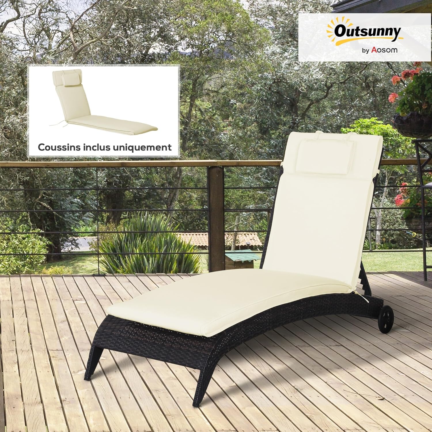 Coussin Bain de Soleil Coussin Chaise Longue Matelas transat déhoussable avec zippé, tétière, Cordons d'attache, Matelas Uniquement, 198 x 53 x 5 cm, crème