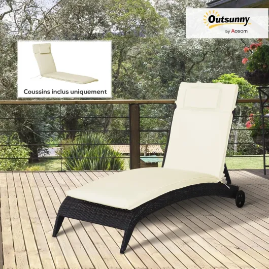 Coussin Bain de Soleil Coussin Chaise Longue Matelas transat déhoussable avec zippé, tétière, Cordons d'attache, Matelas Uniquement, 198 x 53 x 5 cm, crème