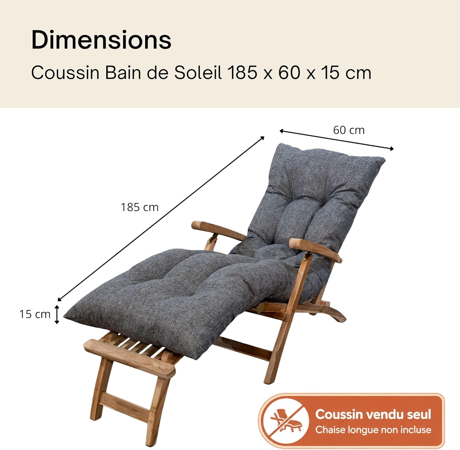Coussin Bain de Soleil Chaise Longue - Épais, Ultra Confortable, Design Matelassé - Fabriqué en France - Matelas Transat avec Scratchs, Facile à Installer (185x60x15 cm, Gris) Gris Non déhoussable