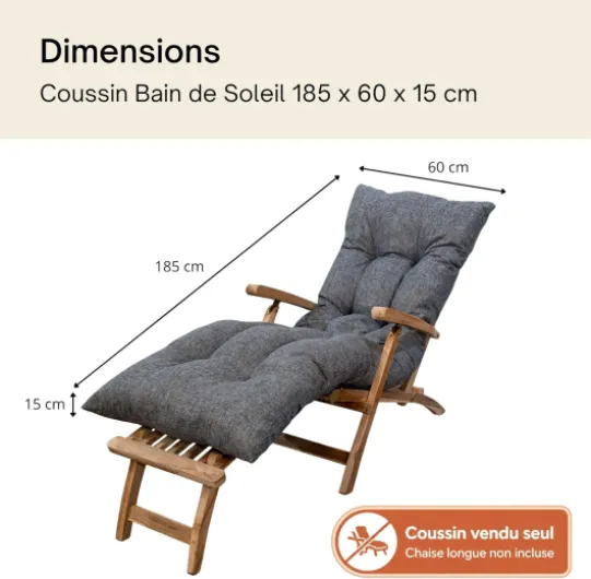 Coussin Bain de Soleil Chaise Longue - Épais, Ultra Confortable, Design Matelassé - Fabriqué en France - Matelas Transat avec Scratchs, Facile à Installer (185x60x15 cm, Gris) Gris Non déhoussable