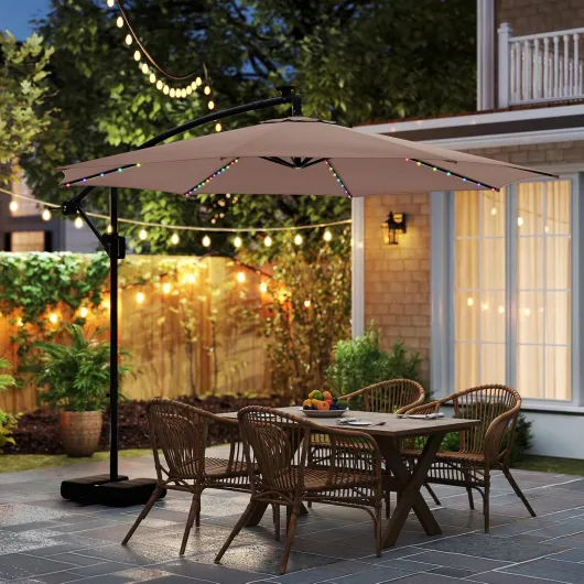 Parasol Déporté Professionnel 3x3 m, Parasol de Jardin Extérieur 96 LED Solaire 9 Modes, Protection UV, Manivelle, 2 Sacs de Sable, Inclinable, pour Balcon, Terrasse, Piscine (Marron) 3 m - 2 Sacs de Sable - 96 LED Marron