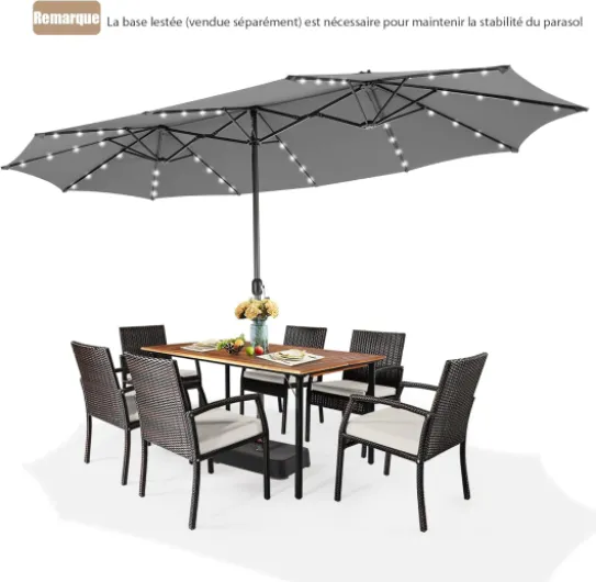 Parasol de Jardin Exterieur avec LED, 4,7x2,8M Grand Parasol Double Face avec Manivelle, 12 Baleines, Protection Solaire, pour Terrasse Blacon Piscine, Pied Requis (Gris) 4,7x2,8MxLED Gris
