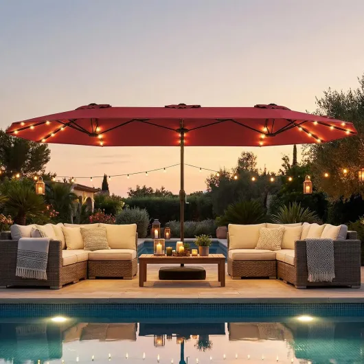 Parasol de Jardin Exterieur avec Pied 4 x 2 m avec LED Solaires, Parasol Double Rectangulaire avec Manivelle&2 Sacs de Sable, 8 Personnes, Protection Solaire, pour Terrasse, Patio (Rouge) XXL - 4x2 m LED Rouge