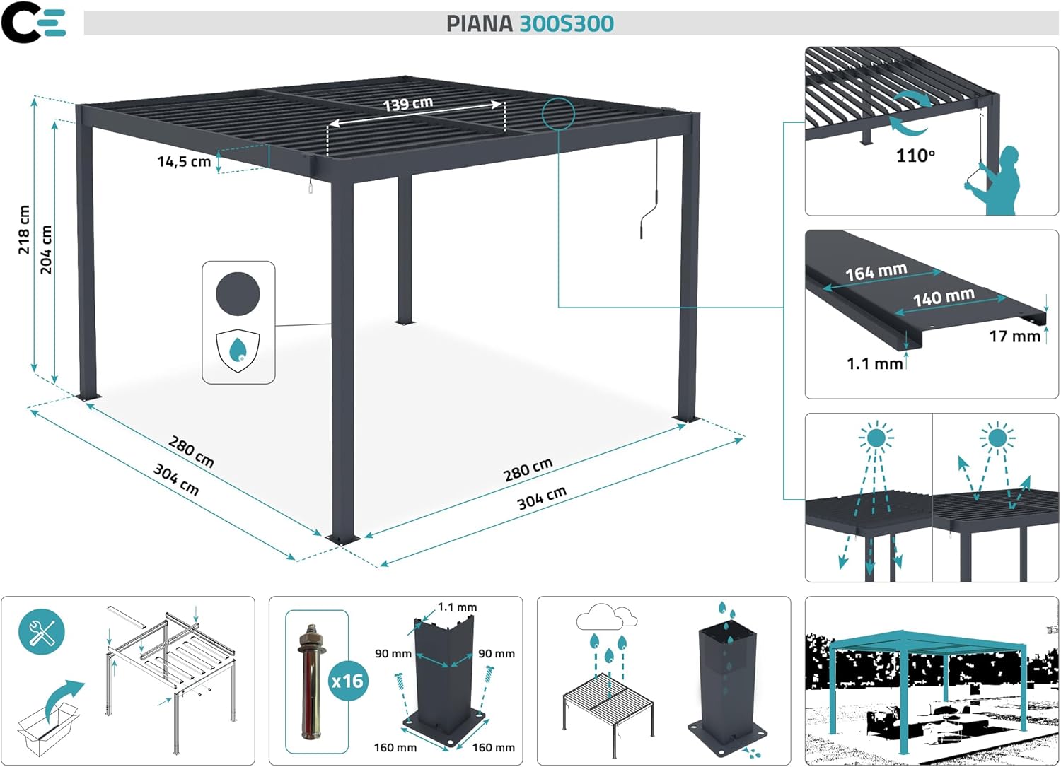 Pergola Bioclimatique Autoportante Piana 3x3 m 9 m² – Pergola Aluminium Gris Anthracite avec Lames Orientables en Acier – Abri Terrasse Jardin Gris Autoportée 3x3 m