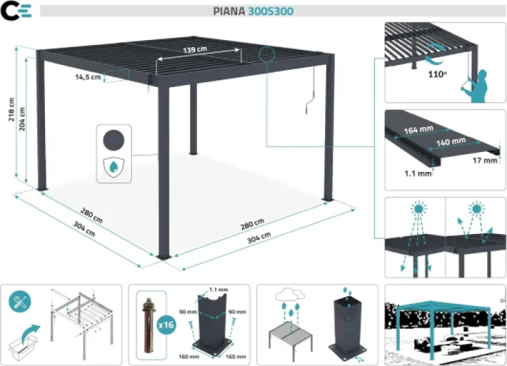 Pergola Bioclimatique Autoportante Piana 3x3 m 9 m² – Pergola Aluminium Gris Anthracite avec Lames Orientables en Acier – Abri Terrasse Jardin Gris Autoportée 3x3 m
